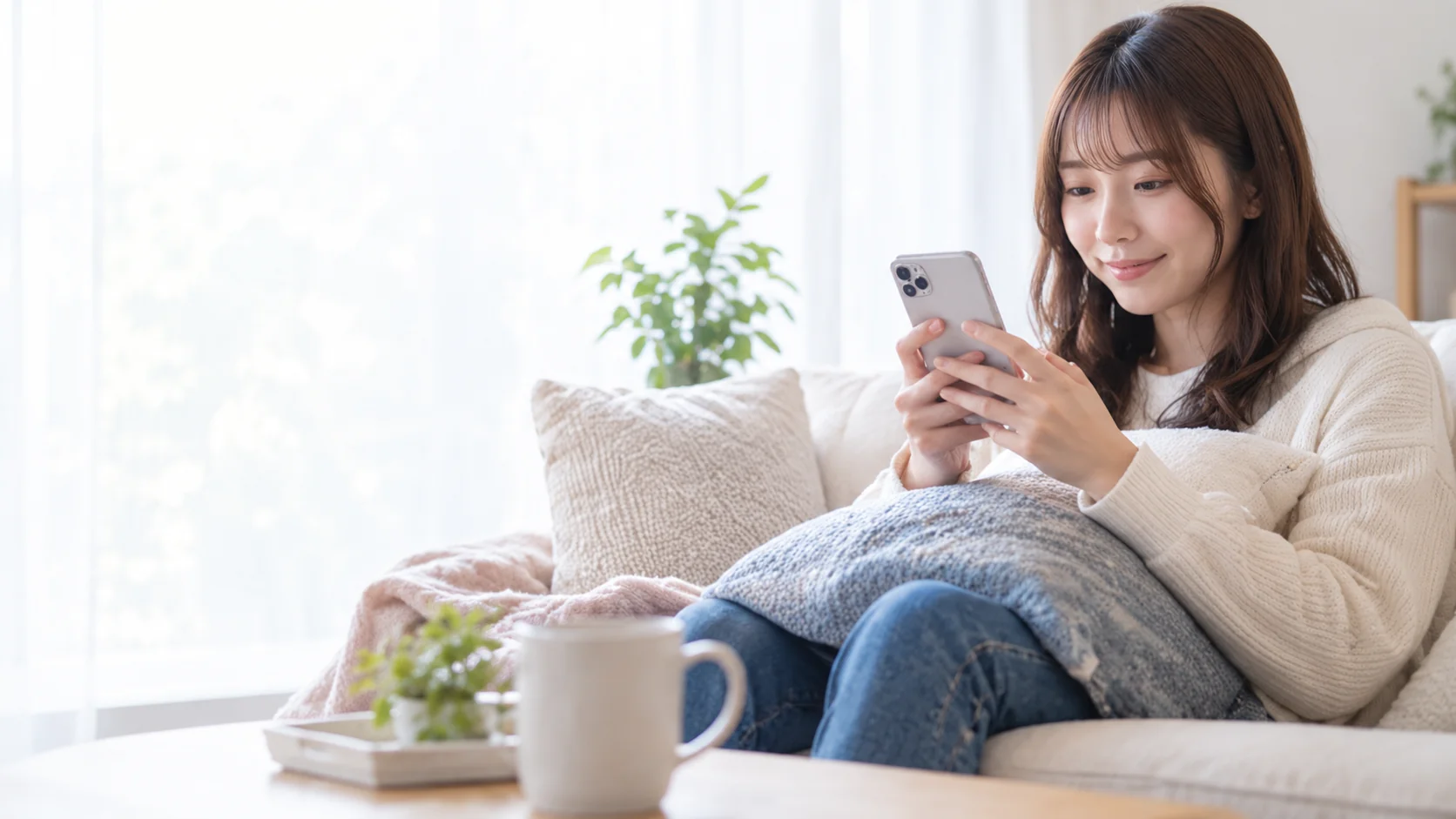 スマートフォンを持って相談を検討する成人女性