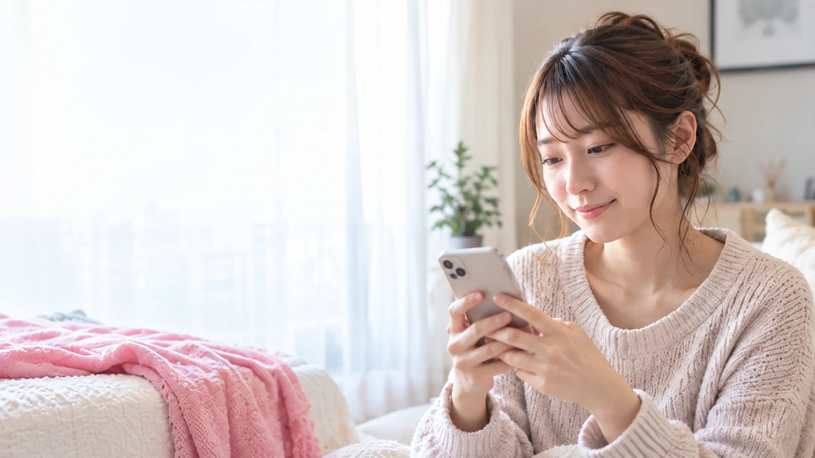明るい室内でリラックスしている成人女性のイメージ