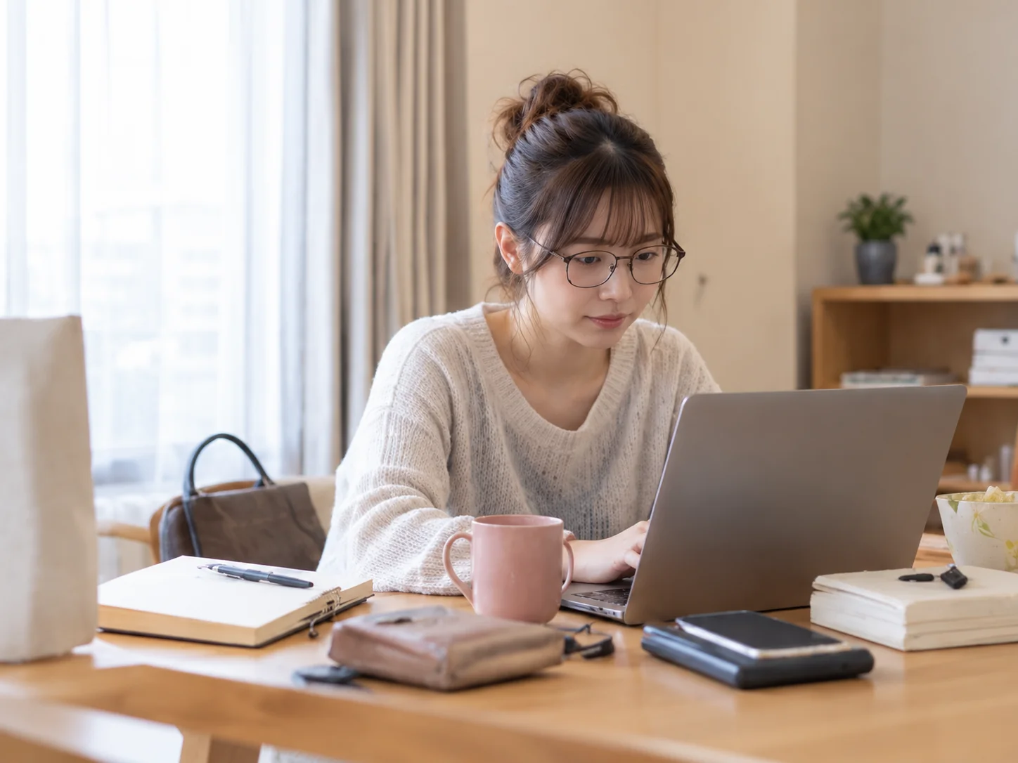 自宅の明るいデスクで働く成人女性のイメージ